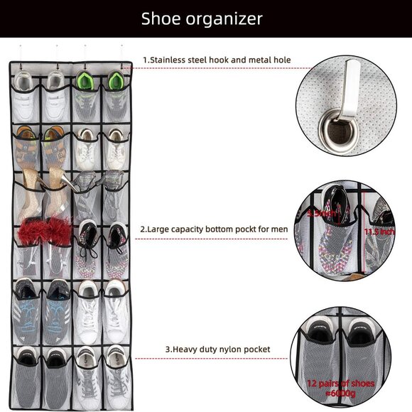 Over The Door Shoe Organizer, Hanging Shoe Organizer with 24 Mesh Large Pockets - Picture 4 of 7
